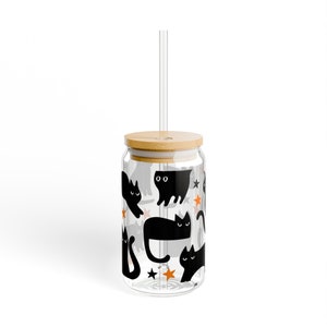 Black Cat Glass Tumbler cup Halloween Coffee Cup Gift for Cat Mom Witch Glass Cup Fall Cup Cute Black Cat Beer Can cup Cat Halloween Gift image 2