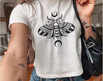 Nouveau Death's Head Moth and Moon Baby tee- Witchy Baby tee, lunar shirt, punk black shirt, Y2K Moth shirt, Bug shirt, Goth crop top
