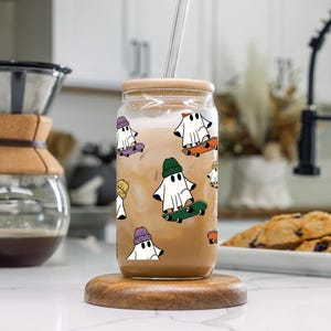 Skate Board Ghost Glass Tumbler Cute Ghost Cup Halloween Skateboard gift Ghost Iced Coffee Cup Ghost in Beanie Trendy Ghost Coffee Glass Cup