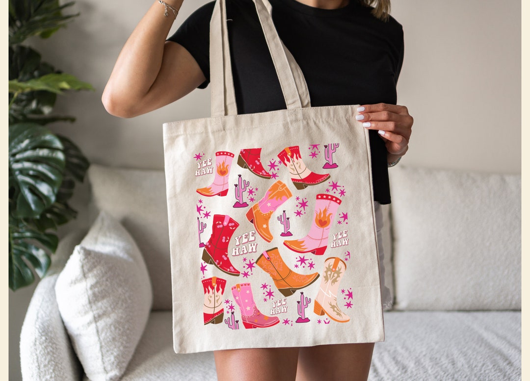 Western Boot Pattern Tote Bag Western Bachelorette Cowgirl Boots Print ...