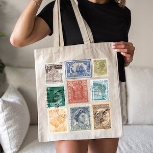 Vintage Stamp Tote bag Vintage Art Bag History Lover Gift for Stamp Collector Art Tote Bag International Stamp Reuseable Bag Bookworm Gift