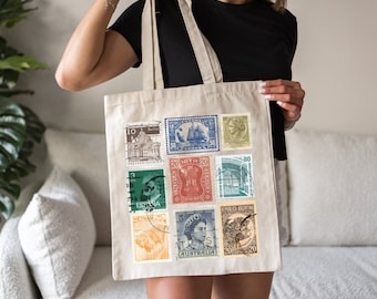 Vintage Stamp Tote bag Vintage Art Bag History Lover Gift for Stamp Collector Art Tote Bag International Stamp Reuseable Bag Bookworm Gift