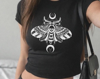 Nouveau Death's Head Moth and Moon Baby tee- Witchy Baby tee, lunar shirt, punk black shirt, Y2K Moth shirt, Bug shirt, Goth crop top