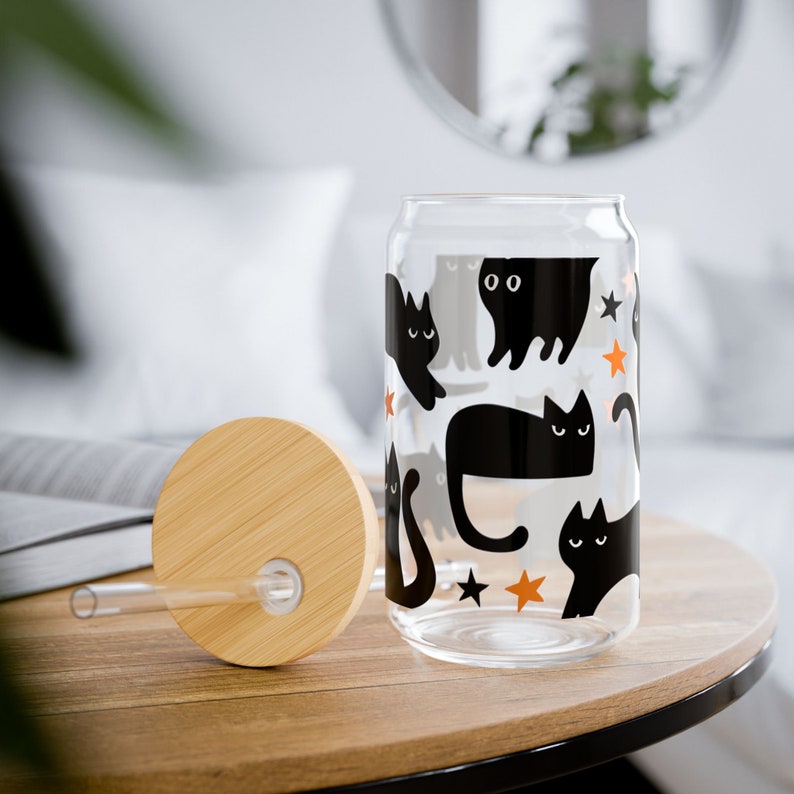 Black Cat Glass Tumbler cup Halloween Coffee Cup Gift for Cat Mom Witch Glass Cup Fall Cup Cute Black Cat Beer Can cup Cat Halloween Gift image 5