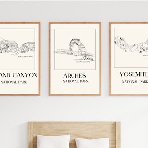 Grand Canyon Arches Yosemite National Park Poster Gift for Hiker mom Set of 3 Hand Drawn line Beige and Black Modern Home Digital Download