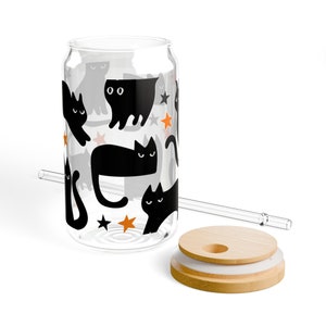 Black Cat Glass Tumbler cup Halloween Coffee Cup Gift for Cat Mom Witch Glass Cup Fall Cup Cute Black Cat Beer Can cup Cat Halloween Gift image 7
