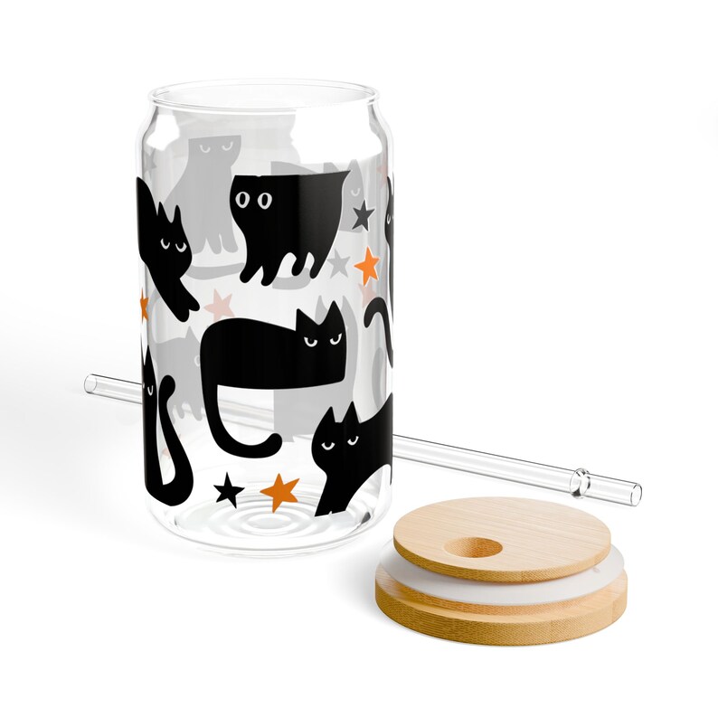 Black Cat Glass Tumbler cup Halloween Coffee Cup Gift for Cat Mom Witch Glass Cup Fall Cup Cute Black Cat Beer Can cup Cat Halloween Gift image 7
