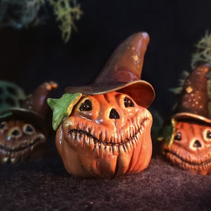 Spooky Smiling Pumpkin Witch, Halloween Wizard Figurine, Ghoulish Grinning Pumpkin Polymer Clay Art Piece