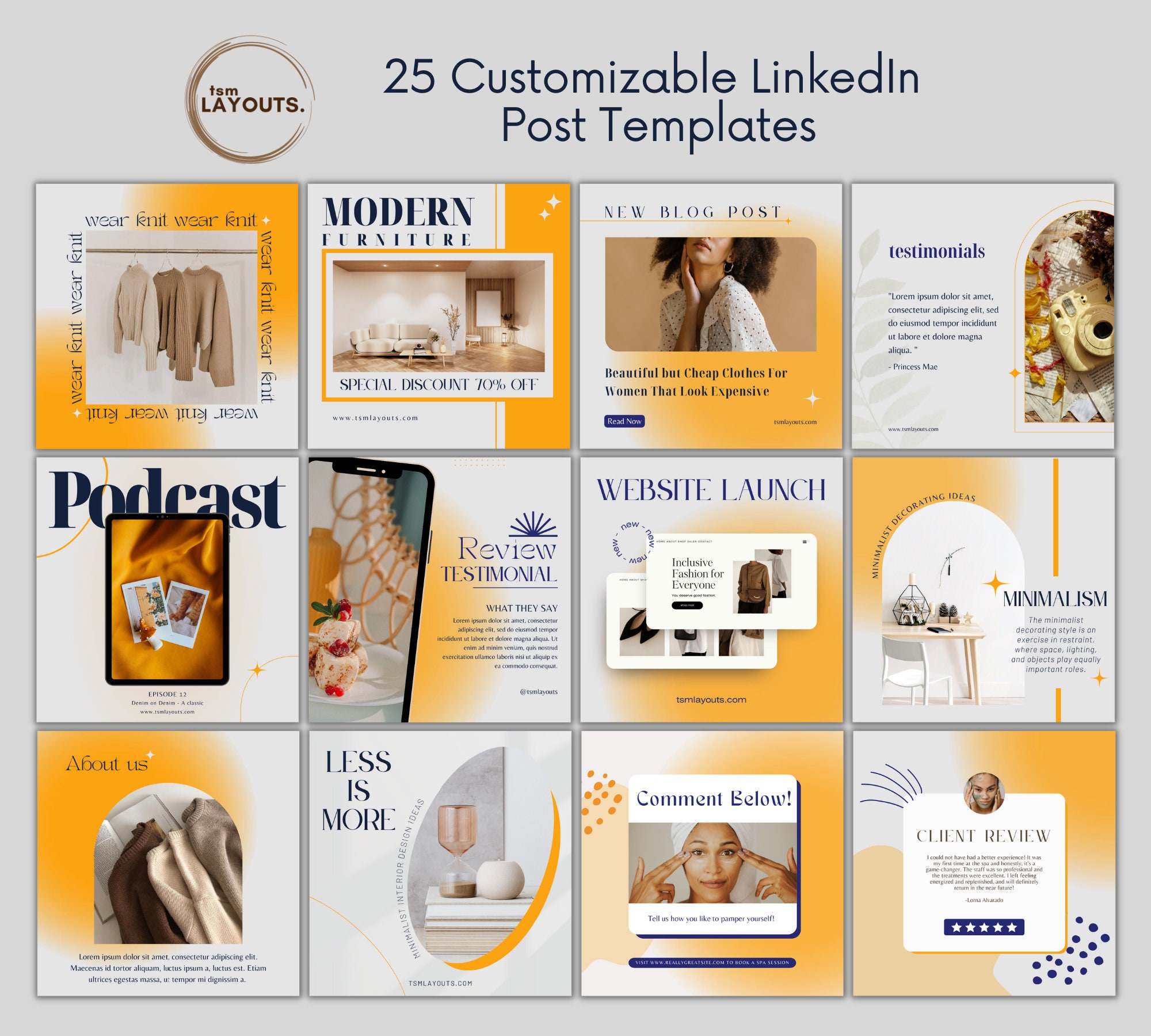 25 INSTANT DOWNLOAD Linkedin Post Templates in Yellow, CANVA Editable ...