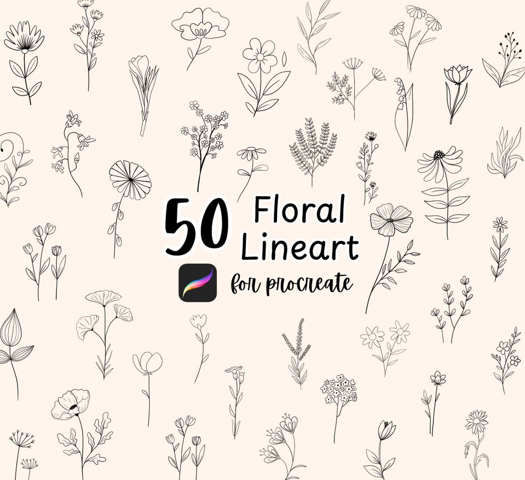 50 Minimalist Floral Procreate Stamps Bundle, Flower Lineart Brushes ...