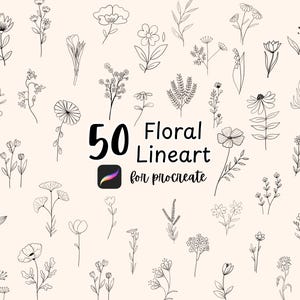Puede incluir: Una colección de 50 ilustraciones de arte lineal floral para Procreate, con varios diseños de flores y plantas en negro sobre un fondo crema. El texto dice "50 Floral Lineart for Procreate".