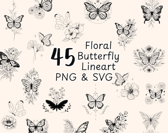 45 Floral Butterfly SVG Bundle, Hand-Drawn Butterfly Line Art Files for Cricut & Silhouette, Butterfly PNG Clipart for Shirts and Mugs