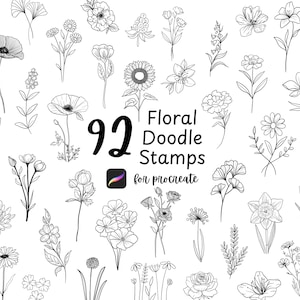 Floral Doodles Procreate Stamps Brush Set Flower Lineart Stamp Minimalist Botanical Floral Procreate  Flower Stamps Fine Line Flower Brushes