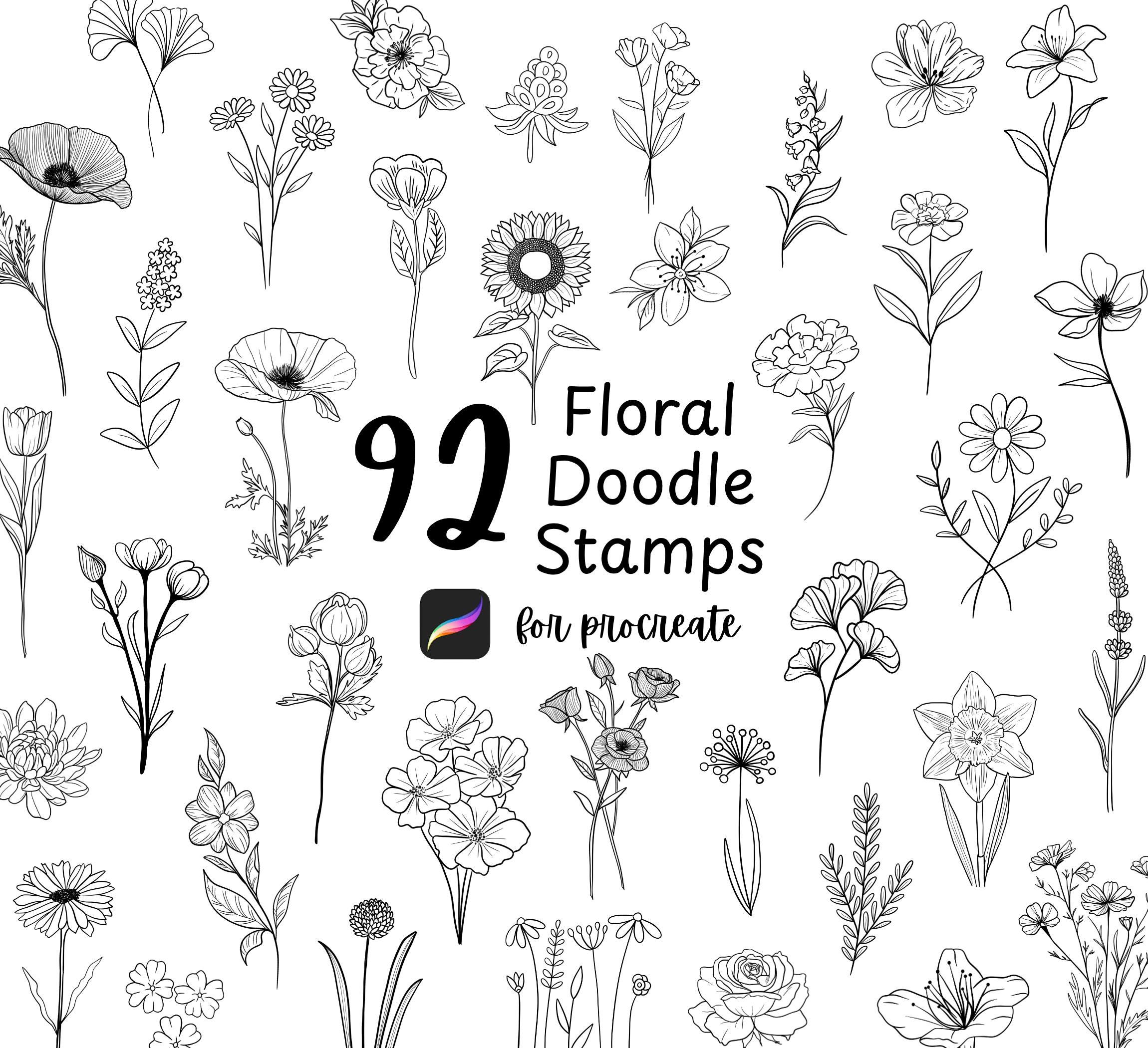 Floral Doodles Procreate Stamps Brush Set, Minimalist Flower Line Art ...