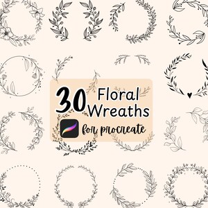 Puede incluir: Una colección de 30 diseños de coronas florales en arte lineal negro. Las coronas presentan varios elementos botánicos, incluyendo hojas y flores. El texto en la imagen dice "30 Floral Wreaths for Procreate."