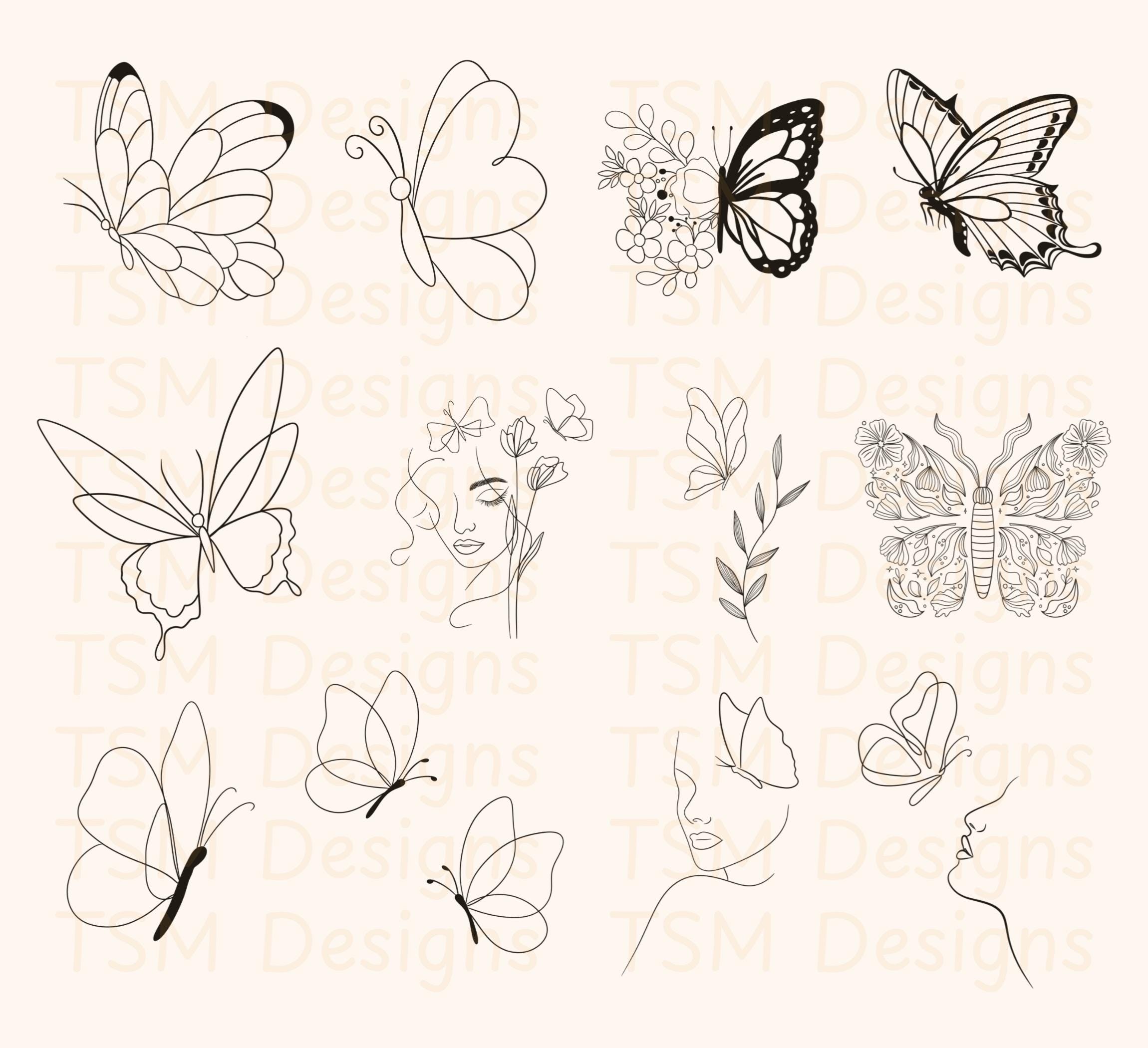 Butterfly Outline SVG PNG Bundle, Hand-drawn Line Art Clipart (digital ...