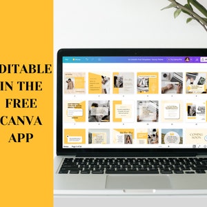 May include: A laptop screen displaying a Canva design template with 18 yellow and white social media post templates. The text on the screen reads "18 LinkedIn Post Templates - Sunny Theme". The text "Coming Soon" is also visible on the screen.