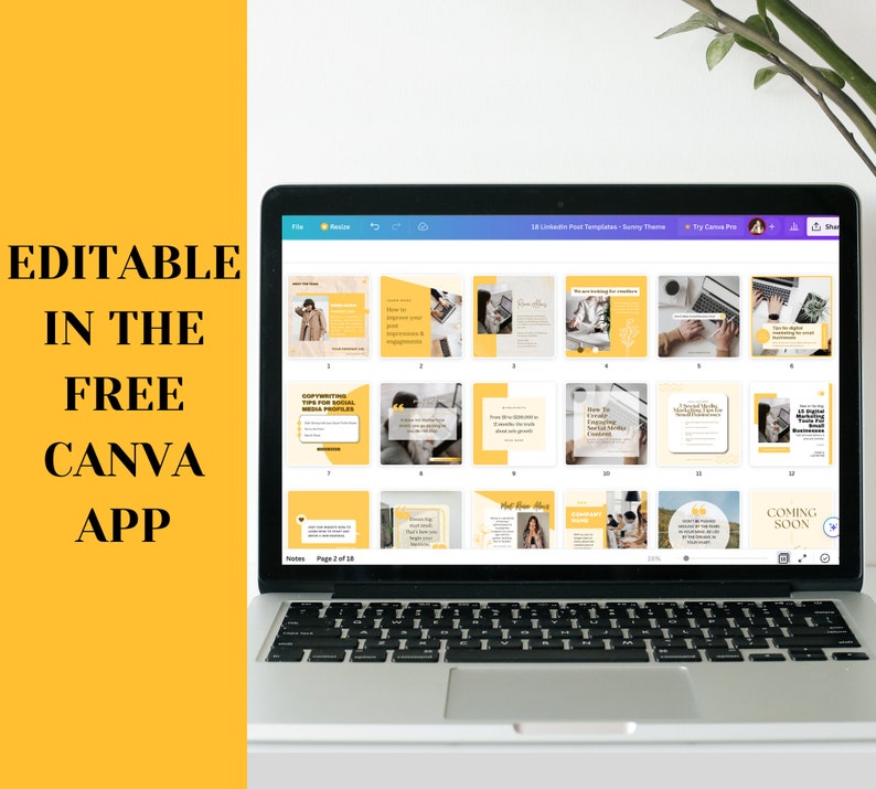May include: A laptop screen displaying a Canva design template with 18 yellow and white social media post templates. The text on the screen reads "18 LinkedIn Post Templates - Sunny Theme". The text "Coming Soon" is also visible on the screen.