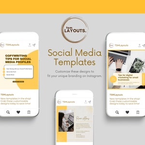 May include: Three phone screen mockups showing social media templates with yellow and brown accents. The text on the screens reads "Copywriting Tips for Social Media Profiles", "Tips for Digital Marketing for Small Businesses", and "Renee Afeng". The text "TSMLayouts" appears on each mockup.