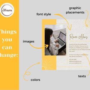 May include: A yellow and white graphic design template with a photo of a woman working on a laptop. The text "Renee Alexis" is in a handwritten font. The text "Award-winning Life and Business Coach for Women. Discover how to Simplify your Marketing and Amplify your Impact so you can feel proud and stay sane!" is in a smaller font. The text "Contact me today to schedule your free phone consultation. 125.456.7890 helloeyourwebsite.com www.yourwebsite.com" is in a smaller font. The text "Things you can change:" is in a large font. The text "images, colors, texts, font style, graphic placements" is in a smaller font.