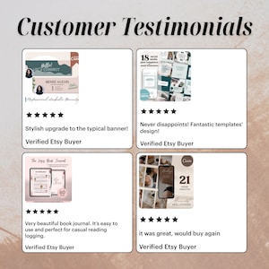 May include: Four customer testimonials for digital products. Each testimonial includes a five-star rating, a short review, and the text "Verified Etsy Buyer". The first testimonial features a pink and green banner with the text "Hello! Life & Connect" and "Renee Alexis". The second testimonial features a collage of social media post templates. The third testimonial features a book journal with the text "The Lazy Book Journal". The fourth testimonial features a phone screen mockup with the text "21 Unique Reel Covers".