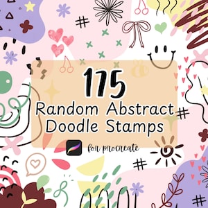 Peut inclure: Graphique d'art numérique avec un fond rose pastel présentant divers tampons de gribouillis. L'image comprend le texte "175 Random Abstract Doodle Stamps for Procreate". Les tampons incluent des cœurs, des fleurs et des visages souriants.
