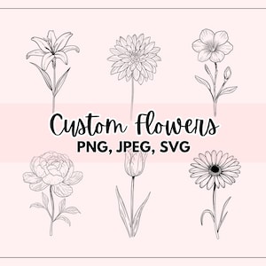 Può includere: Illustrazioni in bianco e nero di sei fiori diversi, tra cui un giglio e una margherita, su sfondo rosa chiaro. Il testo "Custom Flowers" è scritto in corsivo, con "PNG, JPEG, SVG" sotto.