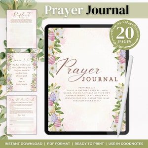May include: A digital printable prayer journal with a floral design featuring pastel pink, yellow, and blue eggs. The cover features the text "Prayer Journal" and a Bible verse from Proverbs 3:5-6. The journal has 20 pages.