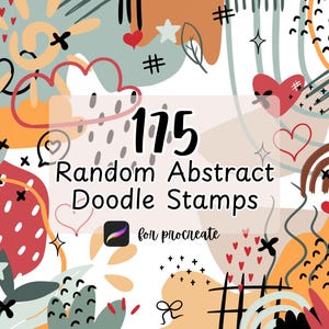 Pode incluir: Gráfico de arte digital abstrata com fundo branco e rabiscos coloridos. A imagem apresenta o texto "175 Random Abstract Doodle Stamps for Procreate" com corações, estrelas e outras formas.