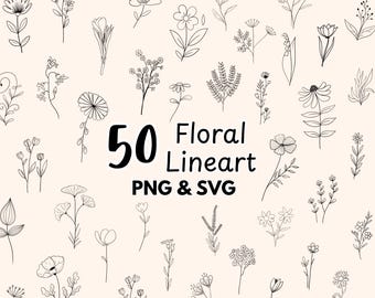 May include: A collection of 50 floral line art illustrations in black, featuring various flower and plant designs. The text "50 Floral Lineart PNG & SVG" is displayed in black on a light beige background.