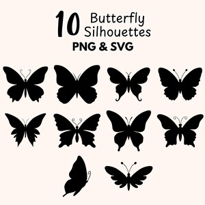 Könnte beinhalten: Zehn schwarze Schmetterlingssilhouetten in verschiedenen Designs auf cremefarbenem Hintergrund. Der Text "10 Butterfly Silhouettes PNG & SVG" steht oben. Die Schmetterlinge sind in verschiedenen Posen und Flügelformen dargestellt.