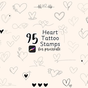 May include: A collection of 95 heart tattoo stamps for Procreate, featuring various heart designs in black ink on a cream background. The designs include simple outlines, detailed shapes, and the word "love".