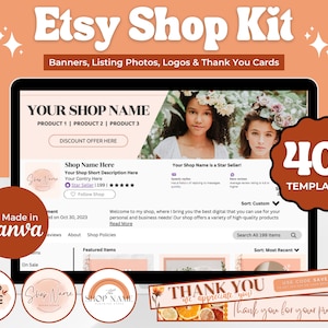 Kit per negozio Etsy Kit completo per il branding dell'account venditore Etsy Modelli di mockup per inserzioni Peach Aesthetic Banner per il branding del negozio modificabili in Canva
