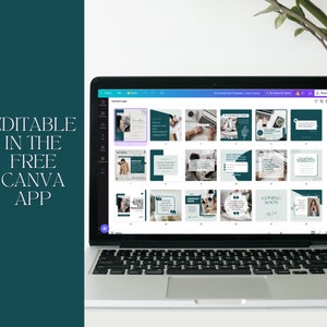 May include: A laptop screen displaying a Canva design template with 18 social media post templates in a teal and white color scheme. The templates feature text, images, and graphics. The text on the screen reads "Coming Soon".