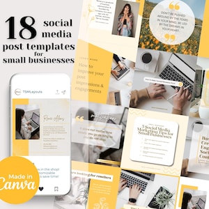 Puede incluir: Un collage de 18 plantillas de publicaciones en redes sociales para pequeñas empresas. Las plantillas presentan un esquema de color amarillo y blanco con una variedad de citas inspiradoras, consejos y sugerencias para hacer crecer un negocio. Las plantillas están diseñadas para ser utilizadas en Instagram, Facebook y otras plataformas de redes sociales.