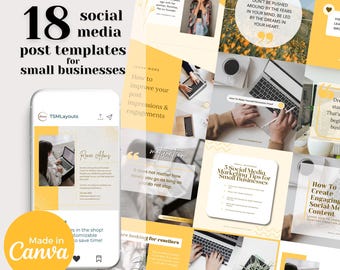 May include: A collage of 18 social media post templates for small businesses. The templates feature a yellow and white color scheme with a variety of inspirational quotes, tips, and advice for growing a business. The templates are designed to be used on Instagram, Facebook, and other social media platforms.