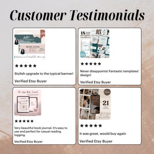 May include: Four customer testimonials for digital products. Each testimonial includes a five-star rating, a short review, and the text "Verified Etsy Buyer". The first testimonial features a pink and green banner with the text "Hello! Life & Connect" and "Renee Alexis". The second testimonial features a collage of social media post templates. The third testimonial features a book journal with the text "The Lazy Book Journal". The fourth testimonial features a phone screen mockup with the text "21 Unique Reel Covers".