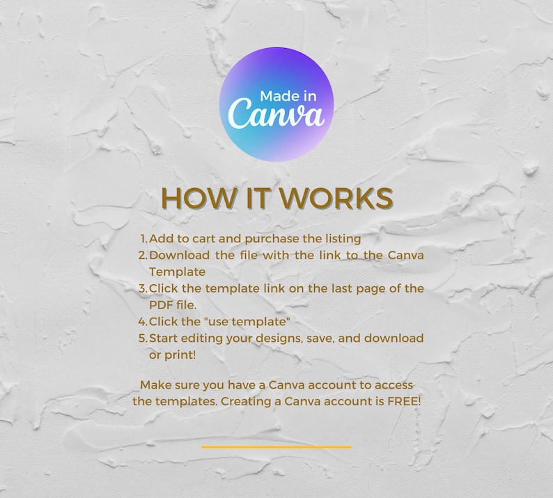 May include: A white background with gold text explaining how to use Canva templates. The text reads "Made in Canva" in a purple and blue circle at the top of the image. The text below reads "HOW IT WORKS" in large gold letters. The steps are numbered 1 through 5 and explain how to download the template, click the link, and edit the design in Canva.