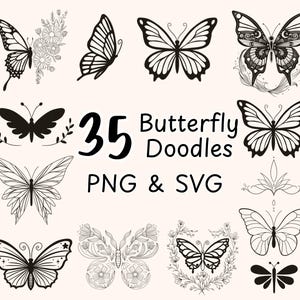 Pacote de contornos de borboletas PNG SVG, desenhos minimalistas de borboletas desenhados à mão, ilustrações de clipart de borboletas, desenhos de tatuagens de borboletas Cricut