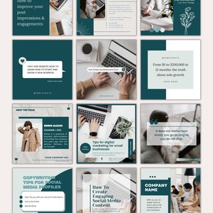 May include: A collection of 18 teal and white LinkedIn post templates with text and images. The templates feature tips for improving social media engagement, growing a business, and creating engaging content.  The text includes phrases like "How to improve your post impressions & engagements", "Tips for digital marketing for small businesses", "From $0 to $200,000 in 12 months: the truth about solo growth", and "Dream big, start small. That's how you begin your business."