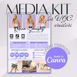 Könnte beinhalten: Eine violette und weiße Media-Kit-Vorlage für UGC-Ersteller. Die Vorlage zeigt ein Porträt einer Frau, Social-Media-Icons und Text mit der Aufschrift "Karina Sanchez, Beauty & Lifestyle". Die Vorlage enthält außerdem einen Abschnitt für Dienstleistungen und Preise, Marken, mit denen sie zusammengearbeitet hat, demografisches Publikum und Kontaktinformationen. Die Vorlage wurde mit Canva erstellt.