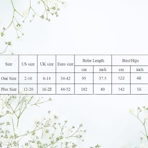 Op de afbeelding: Een maattabel voor een badjas, met afmetingen in centimeters en inches. De tabel bevat maten, US, UK en Euro maten, badjas lengte en borst/heup maten. De achtergrond is wit met bloemaccenten.