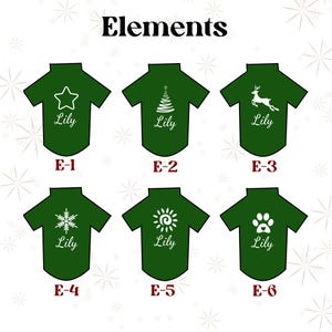 Pode incluir: Camisetas verdes para animais de estima&ccedil;&atilde;o com desenhos gr&aacute;ficos brancos. As camisetas apresentam uma estrela, uma &aacute;rvore de Natal, uma rena, um floco de neve, um sol e uma pegada. Cada camiseta tem o nome "Lily". A palavra "Elements" est&aacute; no topo.