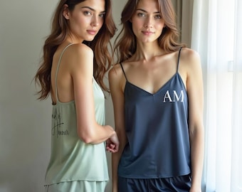 Camisola de dama de honor personalizada, conjunto de camisola con pantalón, regalo para dama de honor, fiesta de cumpleaños, pijamas festivos, pijama de satén, pijama de verano