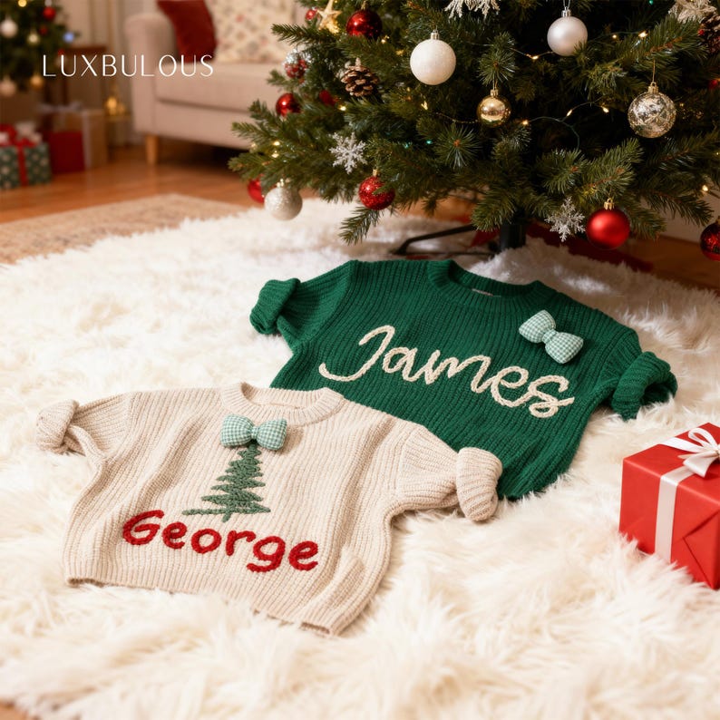 Hand-Embroidered Baby Christmas Sweater, Toddler Holiday Sweater, Reindeer Kids Name Jumper, Baby Knit Sweater, First Christmas Gifs image 18