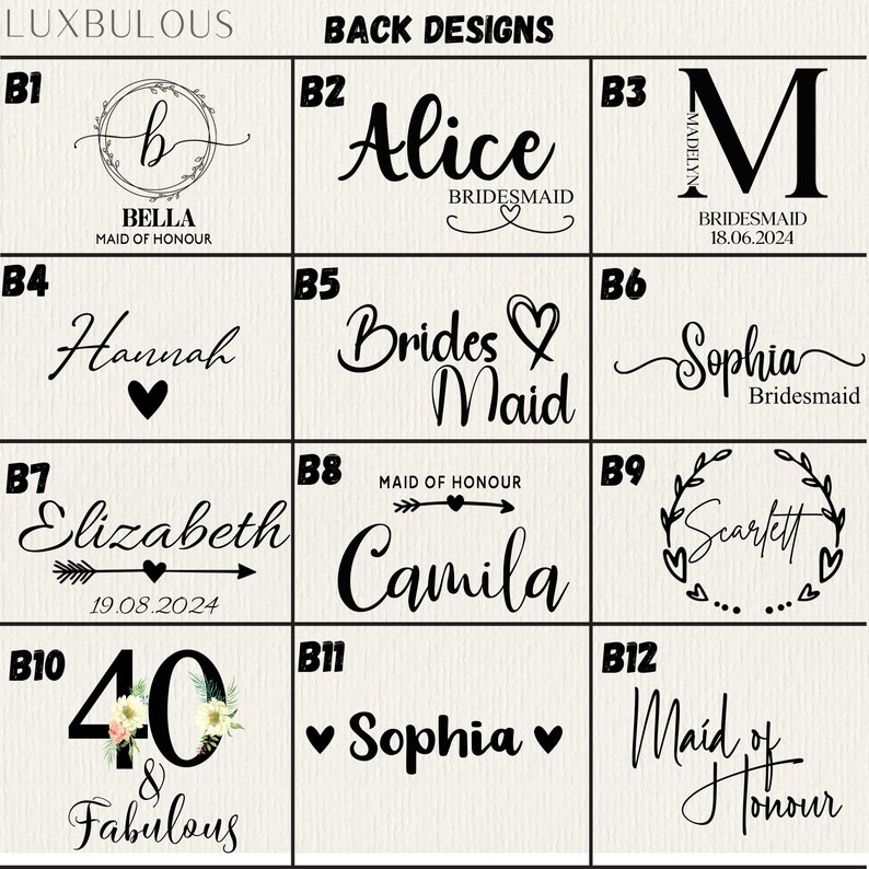 Op de afbeelding: Een raster van twaalf ontwerpopties voor de achterkant van een item, met verschillende namen, titels en datums in elegante lettertypen. Ontwerpen omvatten namen als "Alice" en "Sophia", titels zoals "Bruidsmeisje" en datums.