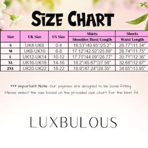 Op de afbeelding: Een maattabel voor pyjama's, metingen in inches. De tabel bevat maten S tot 2XL, Britse en Amerikaanse maten, en shirt- en shortmaten. De merknaam "LUXBULOUS" staat onderaan. De tekst "Important Note" is ook opgenomen.
