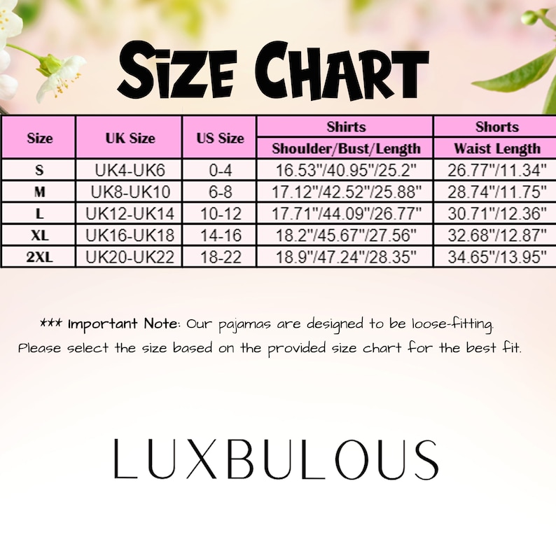 Op de afbeelding: Een maattabel voor pyjama's, metingen in inches. De tabel bevat maten S tot 2XL, Britse en Amerikaanse maten, en shirt- en shortmaten. De merknaam "LUXBULOUS" staat onderaan. De tekst "Important Note" is ook opgenomen.