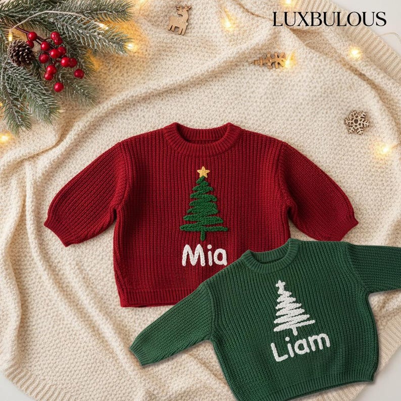 Hand-Embroidered Baby Christmas Sweater, Toddler Holiday Sweater, Reindeer Kids Name Jumper, Baby Knit Sweater, First Christmas Gifs image 8
