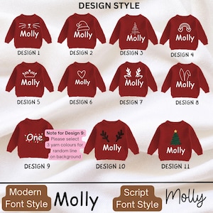 May include: A collection of eleven red sweaters for children, each with a unique white design and the name "Molly". Designs include a cat face, Santa hat, Christmas tree, and more. The text "DESIGN STYLE" is at the top.